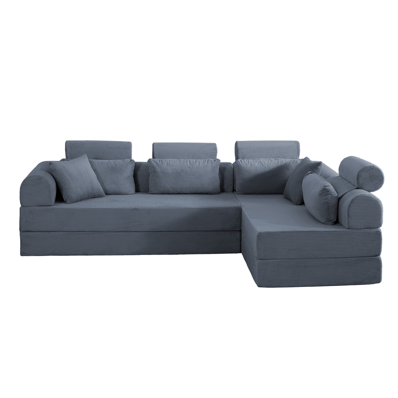 L-Shaped Sectional Sofa Converts to Bed, Corduroy Chaise Lounge with 28D High-Density Foam, No Assembly Compressed Couch for Apartments and Studios, Dark Gray