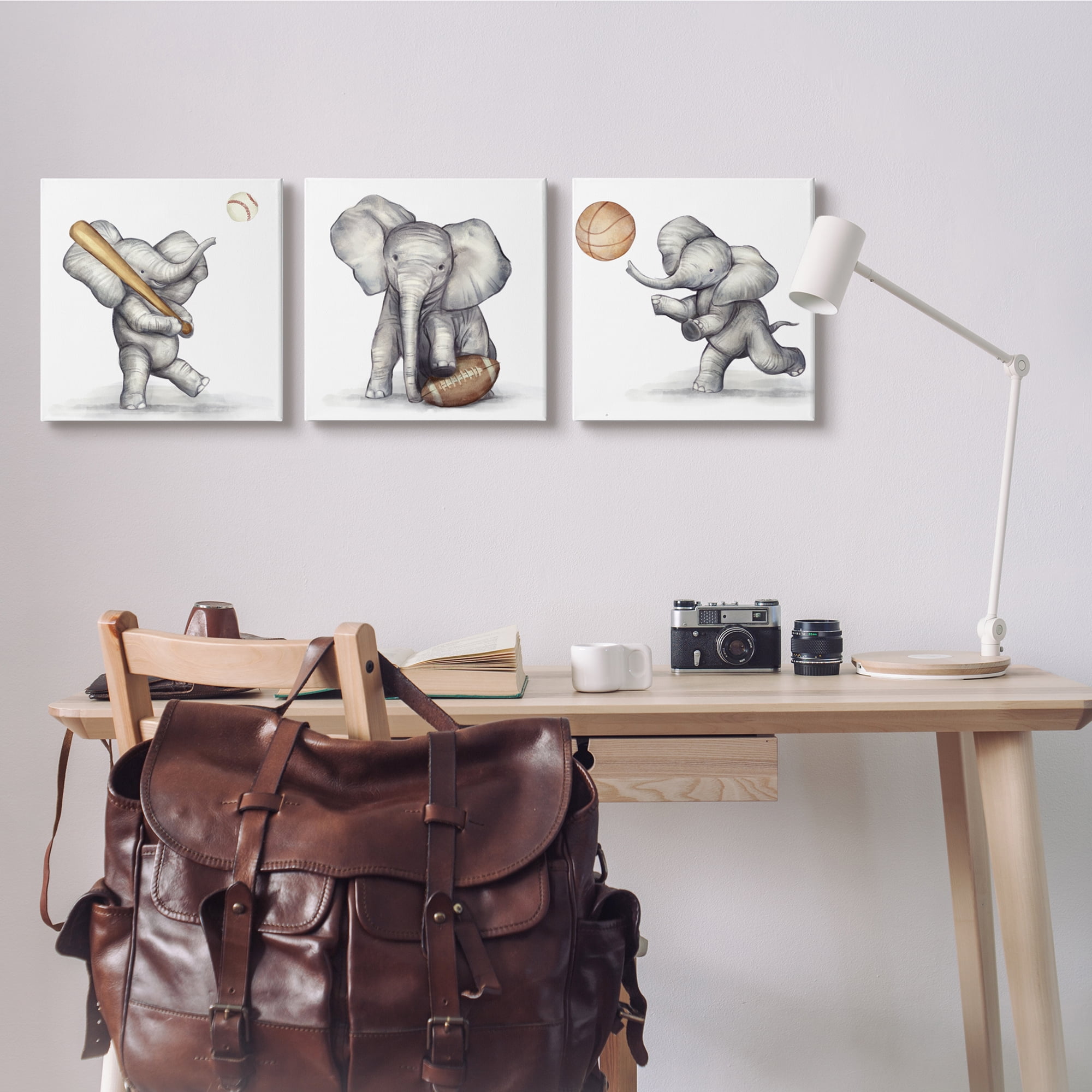 Stupell Indtries Baby Elephant Athlete Playing Basketball Baseball Football,17 x 17,Design by Ziwei Li