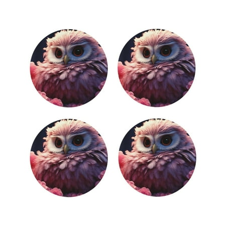 

Junzan Cute Flower Owl Print Coasters for Drinks - Leather Coasters Set of 4 for Coffee Table for Housewarming/Kitchen/Bar/Decor-Round Shape