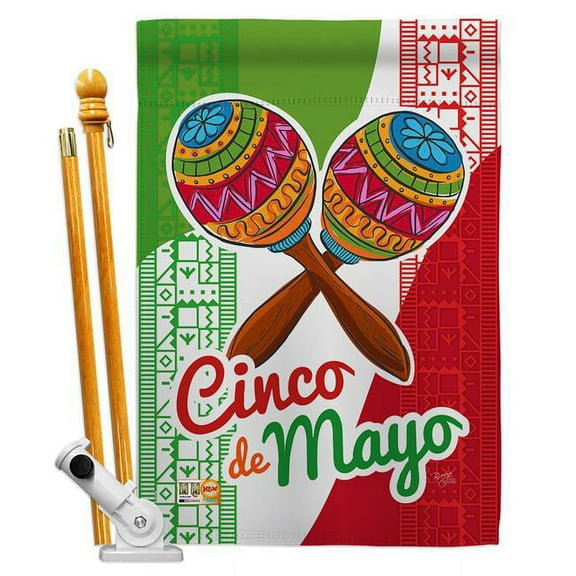 Breeze Decor BD-SW-HS-115126-IP-BO-D-US18-BD 28 x 40 in. Vertical Maracas Cinco De Mayo Country & Primitive Southwest Impressions Decorative Double Sided House Flag Set with Pole & Bracket Hardware