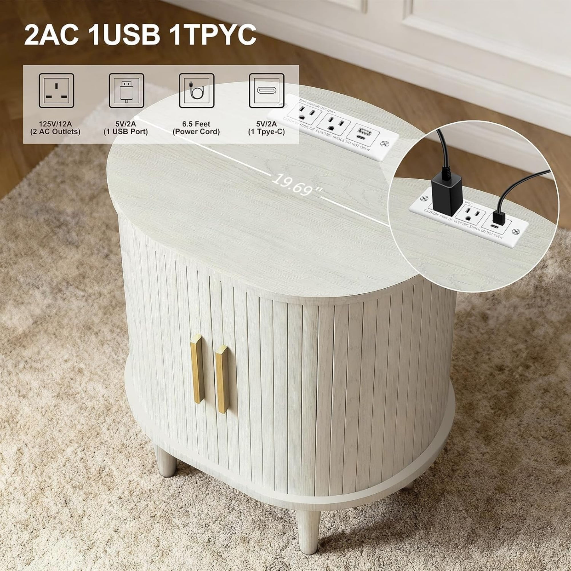 Mid Century Modern Nightstand with Charging Station, Fluted Side Table with Sliding Door & Adjustable Shelf, White