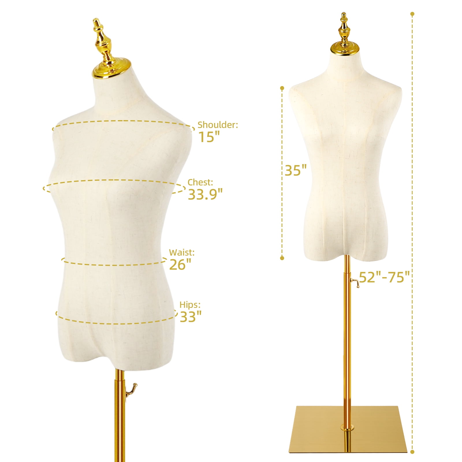 Female Mannequin, 2-Hole Position Mannequin Torso with Stand, Thickened Gold Base Plate Dress Form for Sewing, Clothing Dress Jewelry Display, Beige