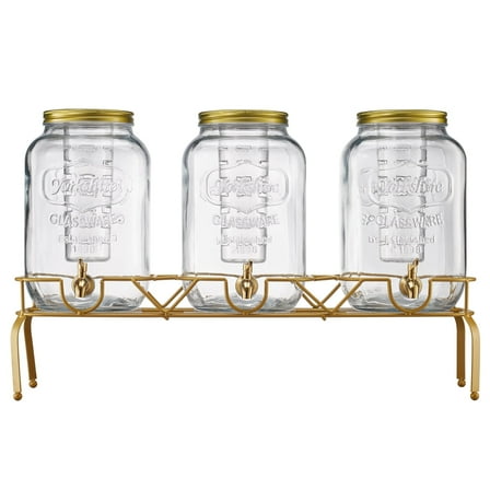KFFKFF Set of 3 Glass Beverage Dispensers, 2-Gallon Drink Containers with Metal Stand, Stainless Steel Spigot, Infuser, Ideal for Serving Juice, Iced Tea, Lemonade, and Water at Gatherings