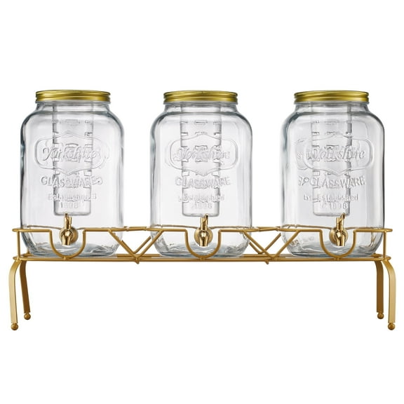 KFFKFF Set of 3 Glass Beverage Dispensers, 2-Gallon Drink Containers with Metal Stand, Stainless Steel Spigot, Infuser, Ideal for Serving Juice, Iced Tea, Lemonade, and Water at Gatherings