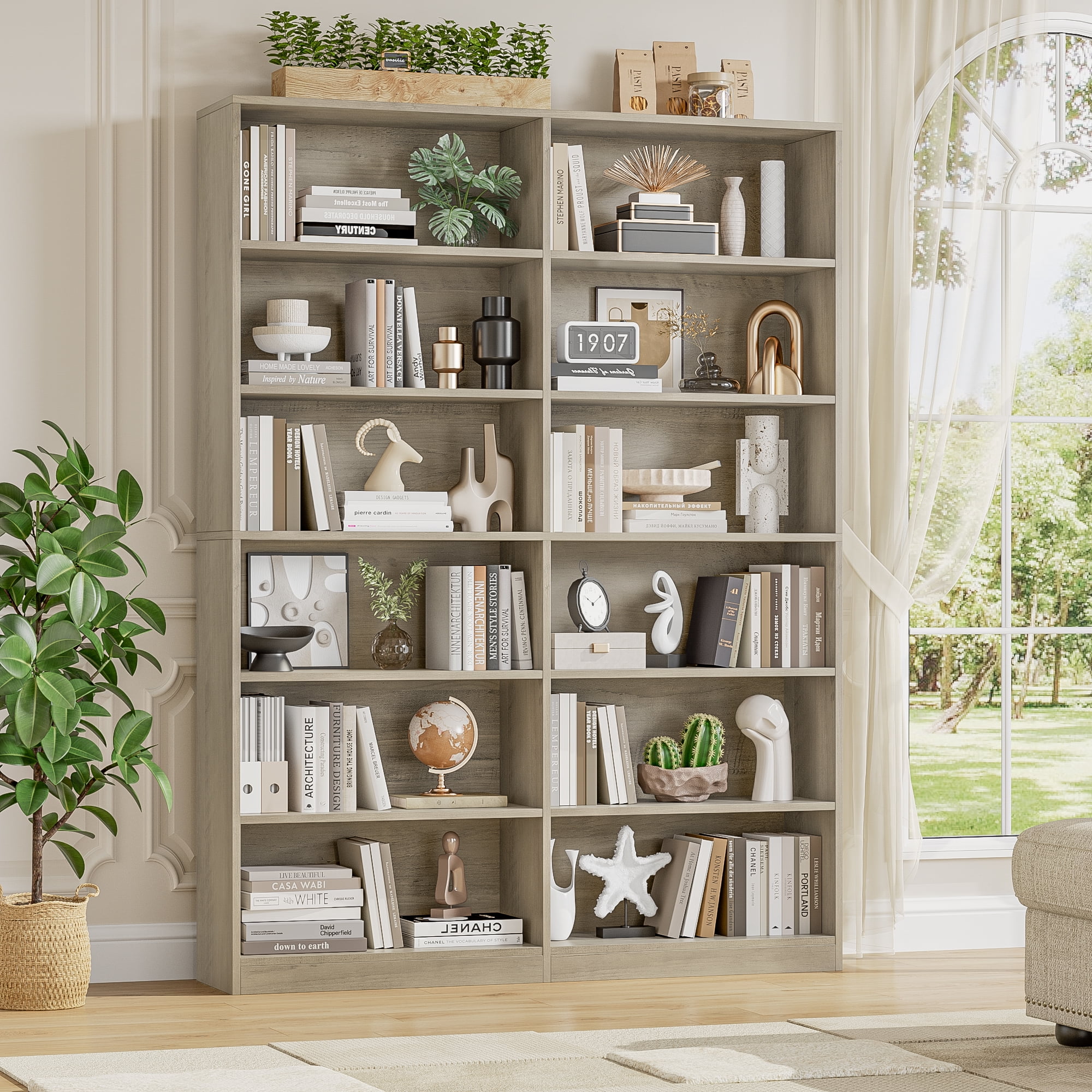 Homfa 74.3” Double Wide 6-Tier Bookcase, Extra Large Wooden Freestanding Display Bookshelf for Home Office Living Room, Gray