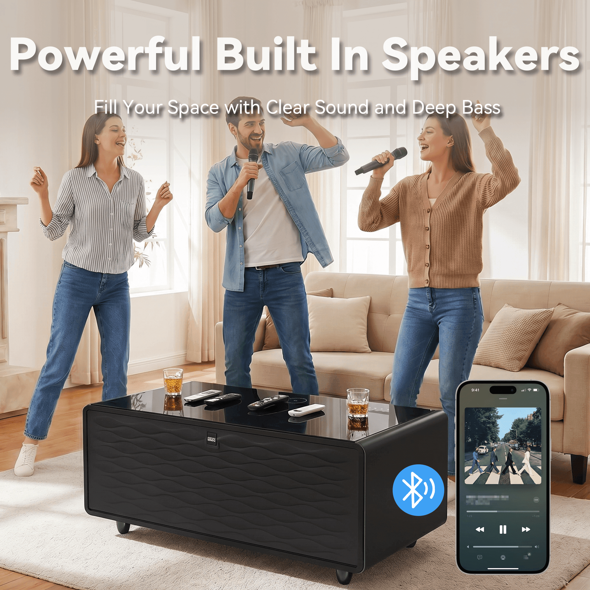 LIVTAB Smart Coffee Table, 23" D x 41.5" W x 18.1" H, Living Room Table with Built in Fridge and Speakers, Smart Table with 15W Wireless Charging, USB Chargers and 110V Outlets, Black