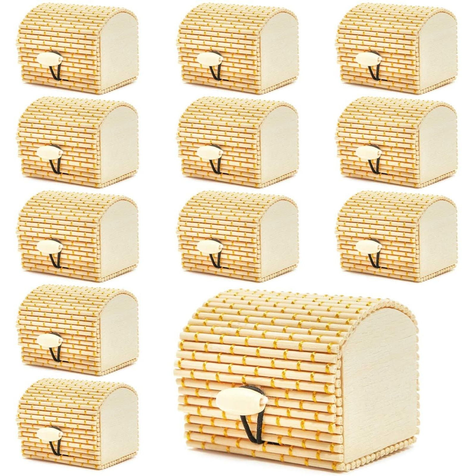 12-Pack Mini Bamboo Cane Treasure Chests Decorative Jewelry Storage Boxes with Gold String Design 2.4'x2'x2'