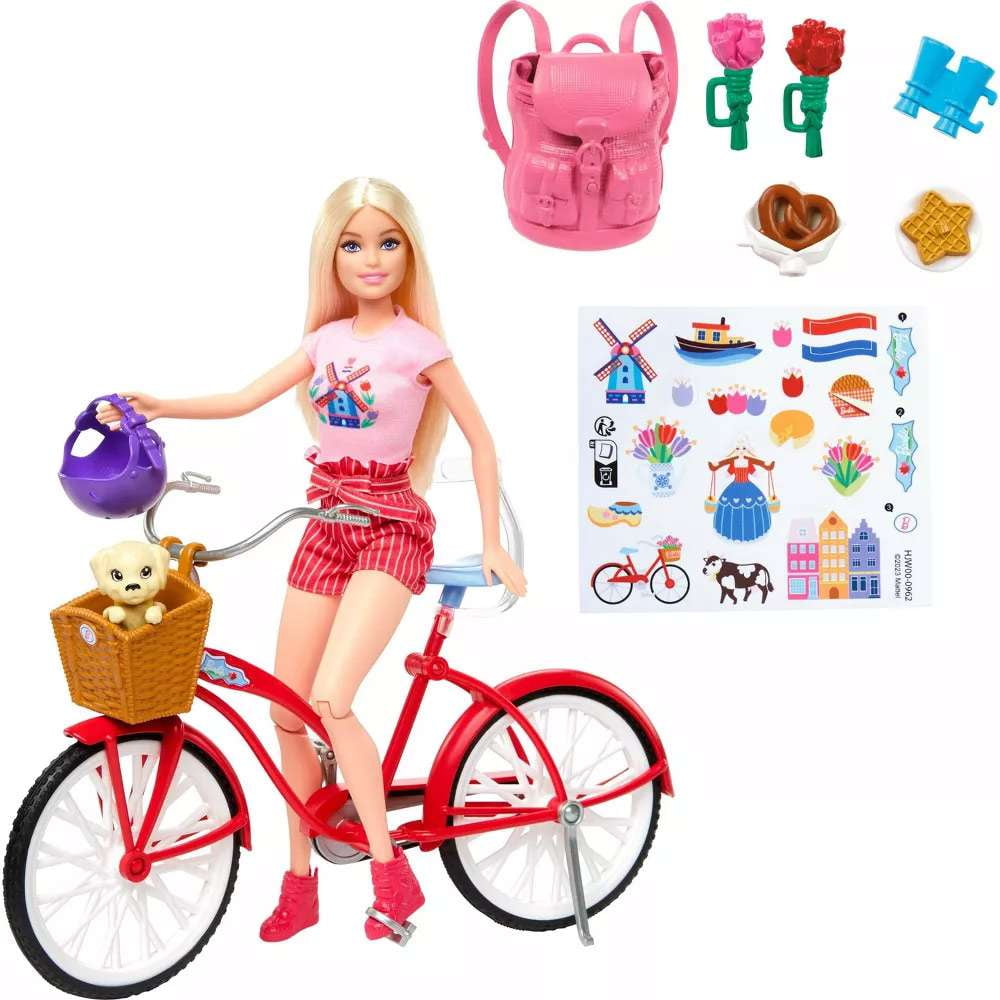 Barbie Pink Passport Holland Doll Set with Bicycle, Clothes, & Travel Accessories