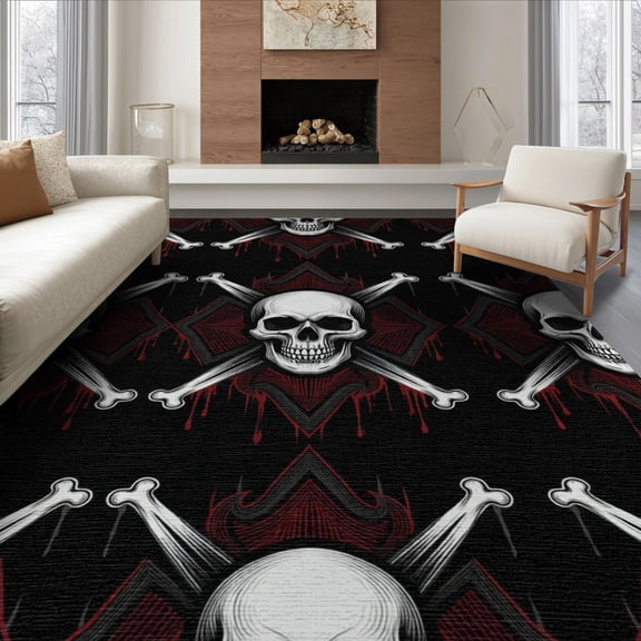 ODIKA 8'x10' Washable Area Rug Durable, Non-Slip Ghost Horror Gothic Bone Motif Blood Drip Halloween Throw Witchy for Living Room, Under Sectional, Family