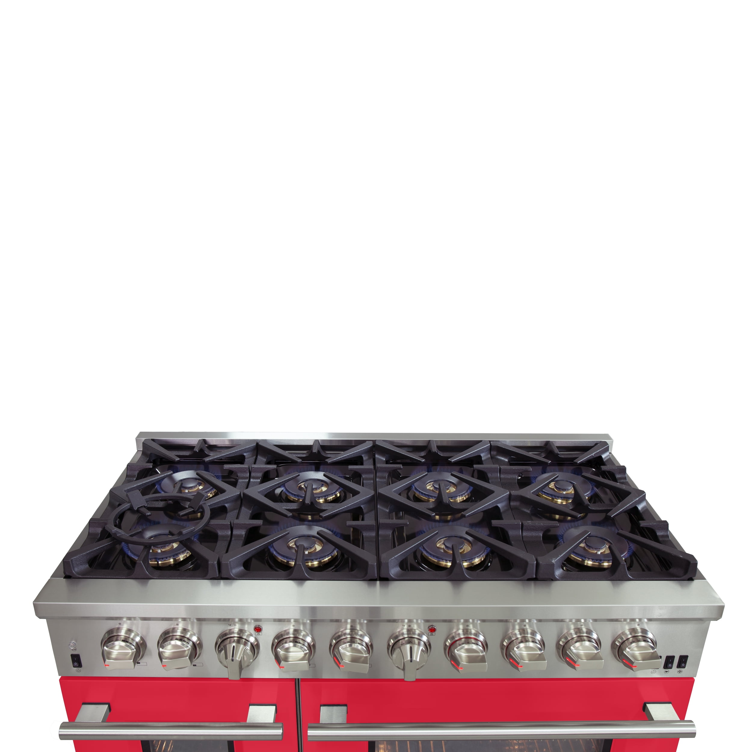 Forno Capriasca 48-Inch Freestanding Dual Fuel Range, 8 Burners, True Convection Oven, Red Doors