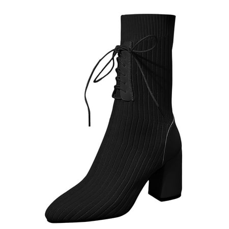 OJSFQUFP Womens Shoes Winter Warm Boots Women s Thick Boots Solid High Fashion Ankle Heel Knitted Women s Boots Comfortable Fall Shoes Women s Ankle Boots Black 39