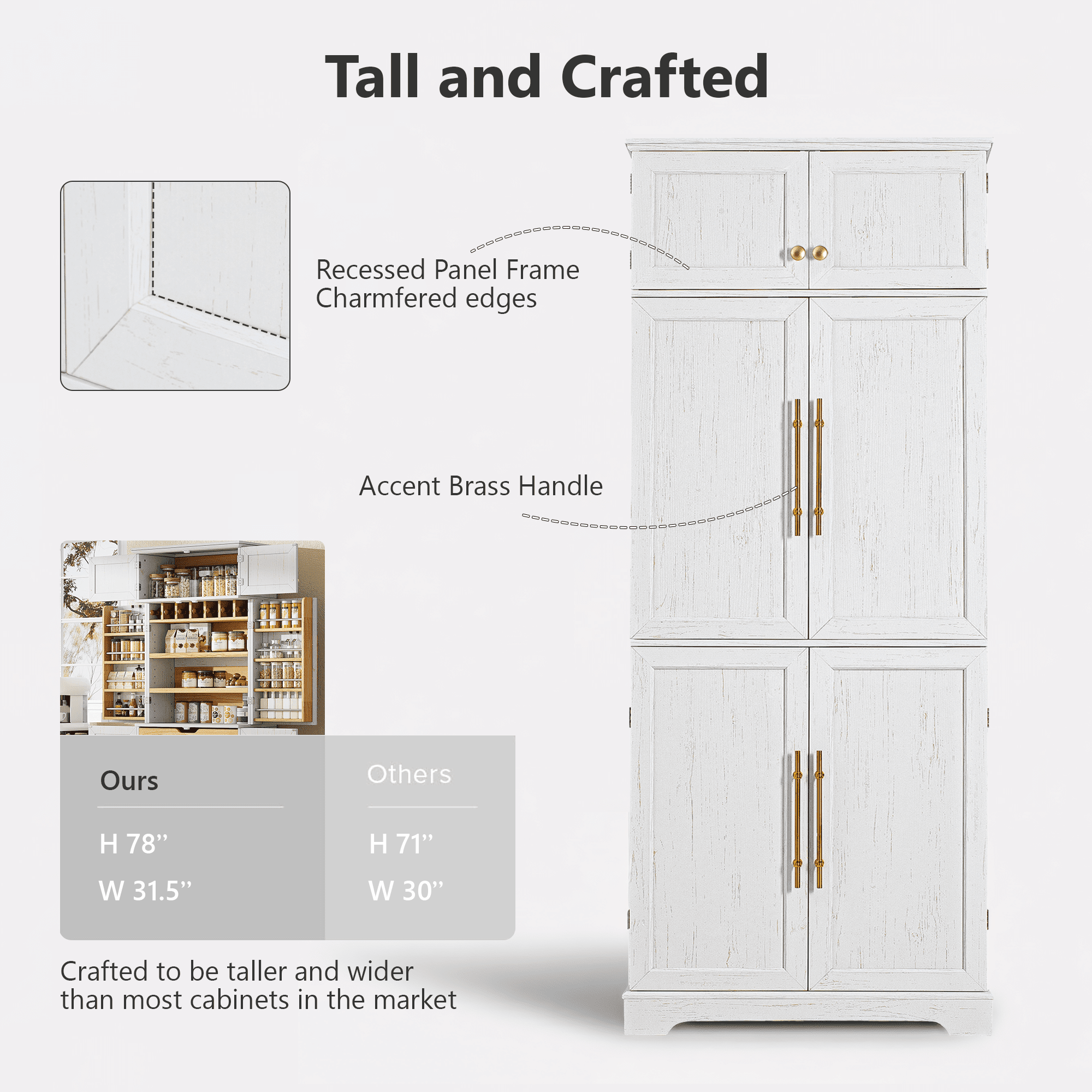 Mintazer 78" Tall Farmhouse Pantry Cabinet with Adjustable Shelves & 8 Door Shelves, Freestanding Storage Cabinet with Hidden Drawer & Wine Rack for Kitchen Dining Room Living Room, White
