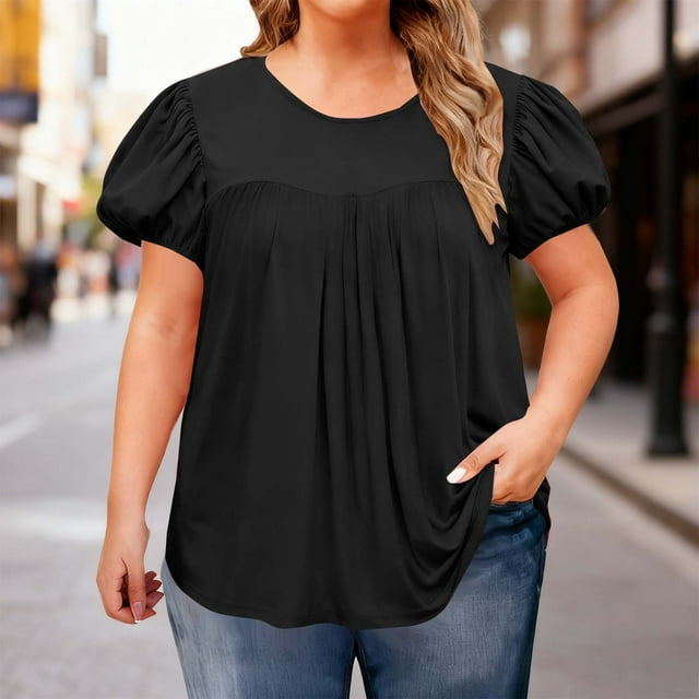 Miqool Blouses pour Femmes Grande Taille Manches Courtes Col Rond T-Shirts Plissés Amples Décontractés d'Été Boho