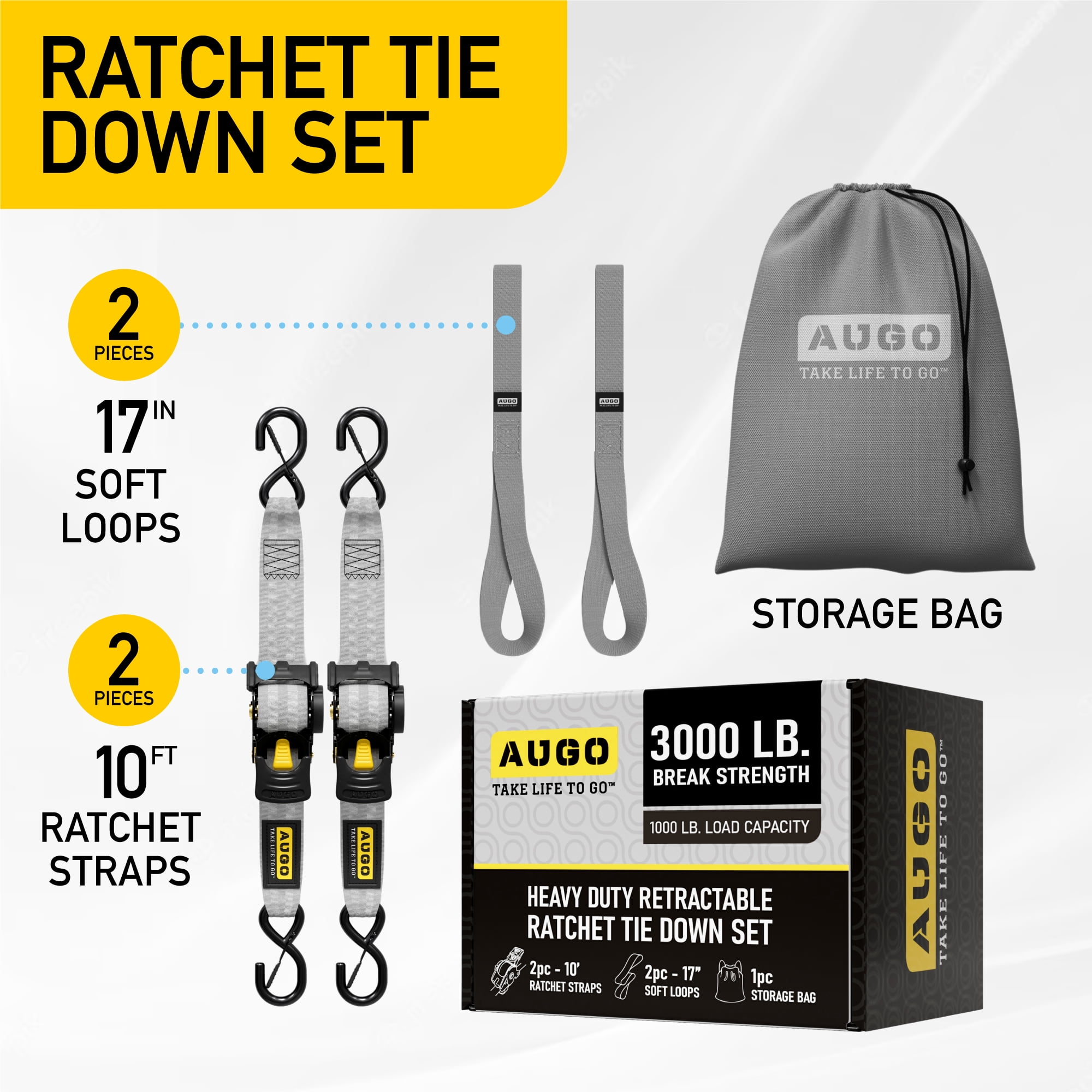 AUGO Retractable Ratchet Straps | 2 Heavy Duty Ratchet Straps Self Retractable Tie Down Straps with Soft Loops & Storage Bag for Motorcycle, Truck, Trailer, Cargo Van |3000 Lb Break Strength 2” x 10’
