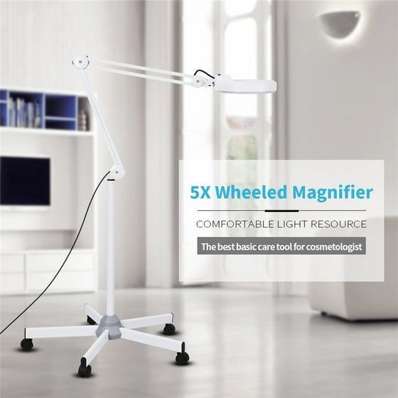 Anauto 5x Magnifying Glass Led Floor Lamp Adjustable Rolling Stand Spa Clean Skin Care Lighting Beauty Tool With Wheels