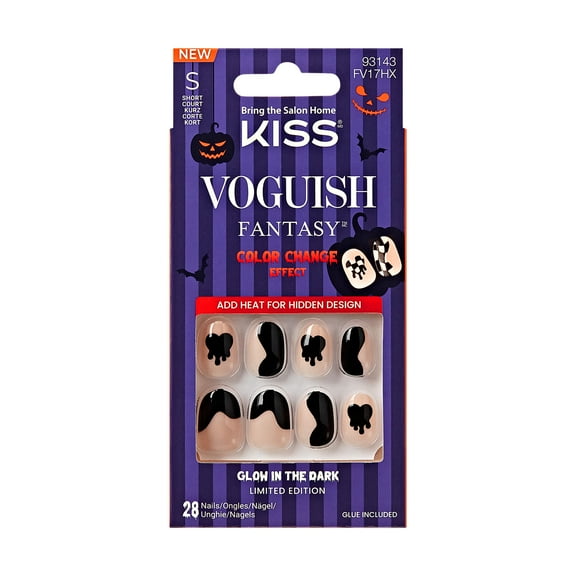 KISS Voguish Fantasy Glow in the Dark & Color Change Effect, Press On Nails, Magicians, Black, Short Oval, 28 Count