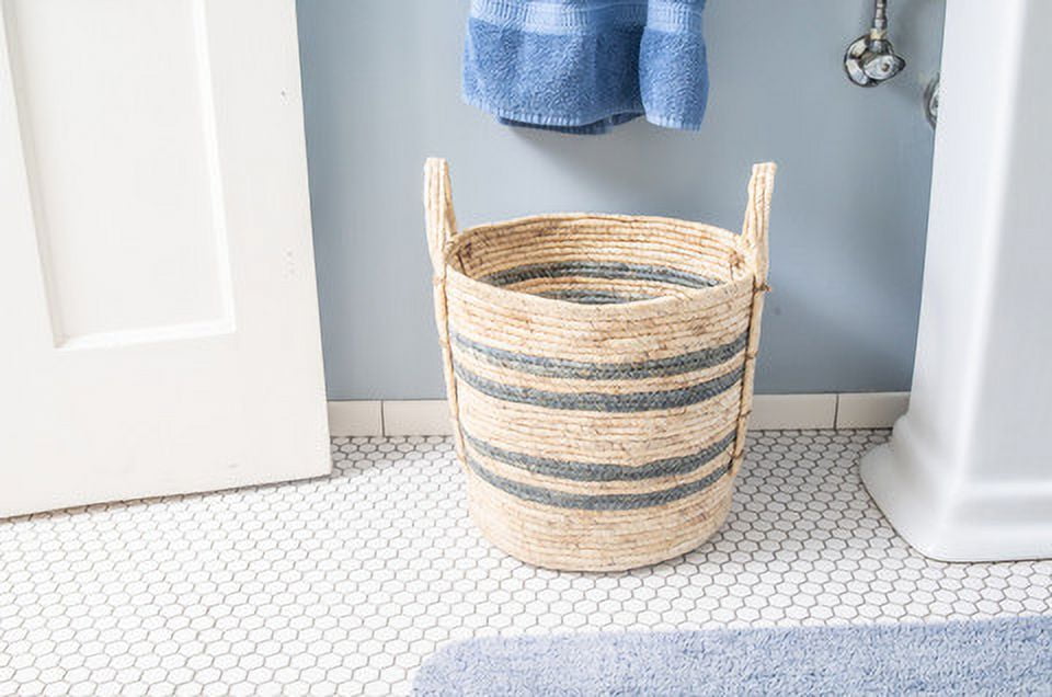 Better Homes & Gardens Large Natural Maize Colored Stripe Basket, Blue Gray
