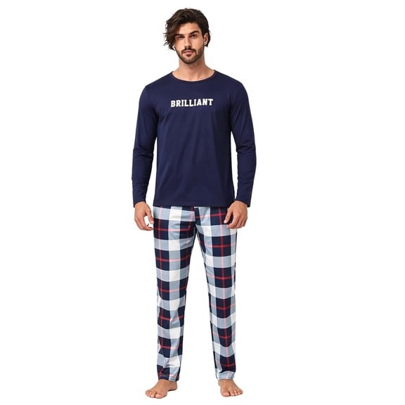 ZEFORTEX Men's Pajamas Set Long Sleeve Top with Plaid Pants Soft Sleepwear Loungewear