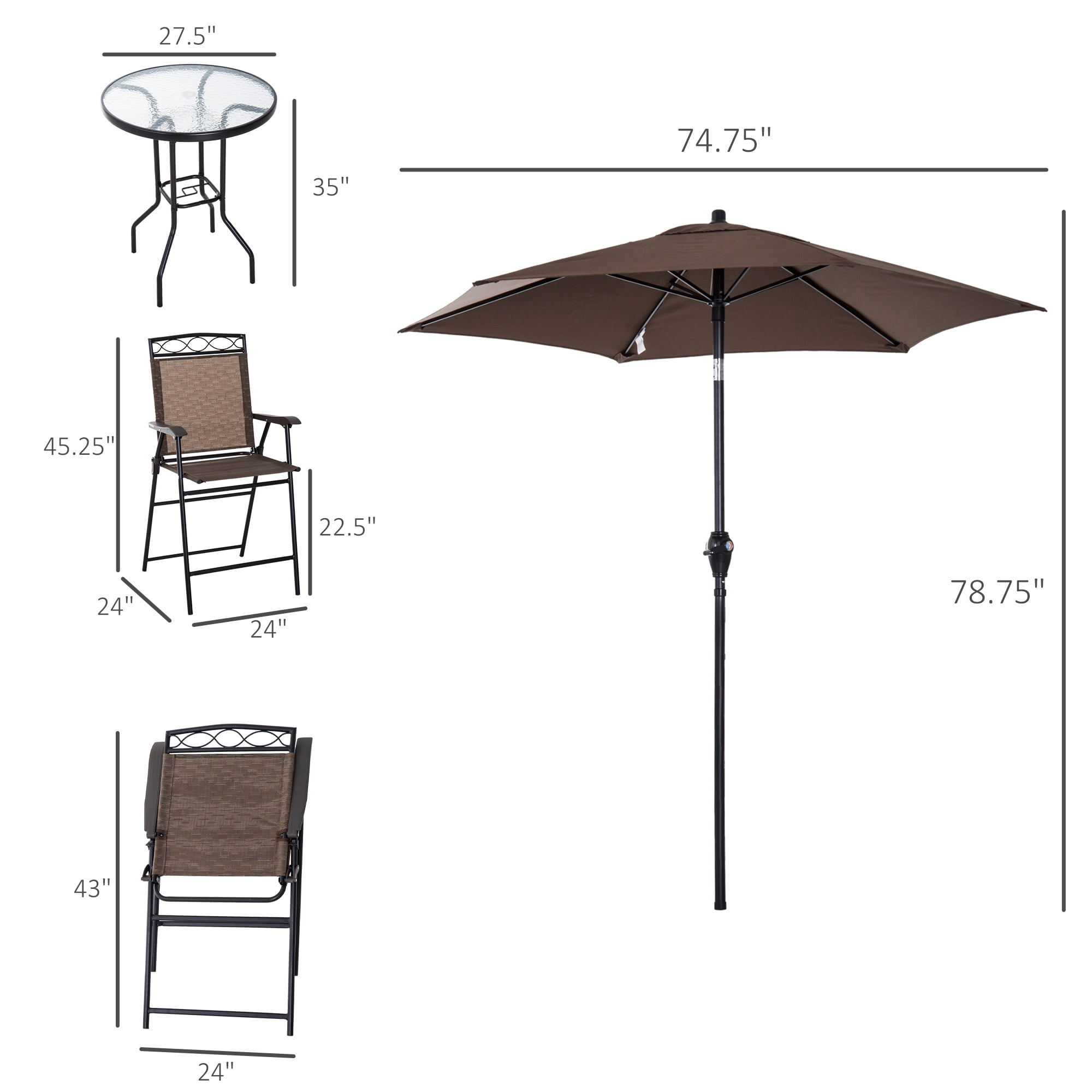 Outsunny Bistro Porch Furniture, Set of 2 Patio Chairs, Folding, Small Outdoor Dining Table, Textured Glass, Angle Adjustable Umbrella, Brown