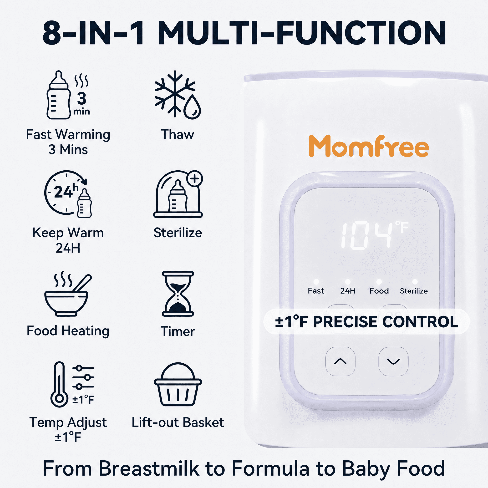 Baby Essentials Bottle Warmer8-in-1Fast Heating for Breastmilk and Formula,Baby Registry Search,with Accurate Temperature Control and Automatic Shut-Off,with Defrost,Keep Warm,for All Bottles