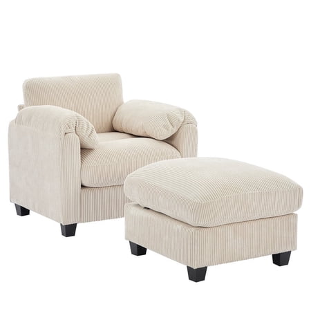 RIAFUN Single Sofa with Ottoman, Corduroy Accent Armchair Convertible Sectional Couch for Living Room Bedroom Reading Room, Beige