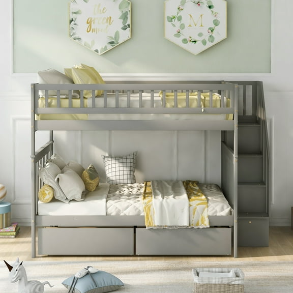 Bunk Beds Full Over Full with 2 Drawers Solid Wood Full Bunk Beds with Drawers and Stairway Full Length Guardrail, No Box Spring Needed