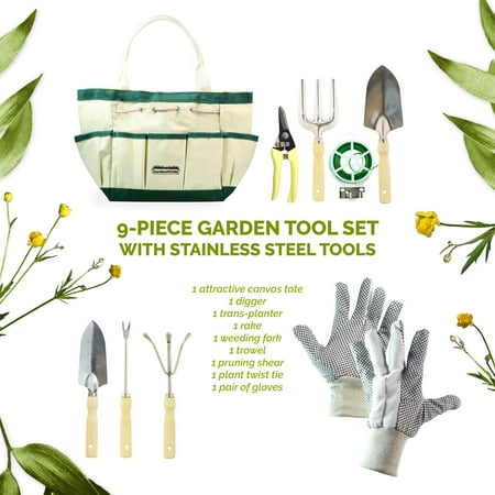 - GardenHOME 9-Piece Garden Tools with Canvas Storage Tool Set Tote and Gardening Gloves
