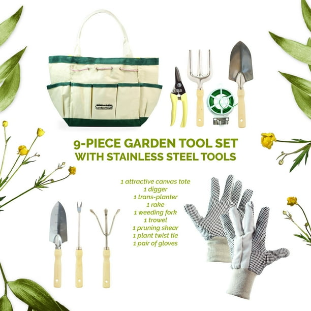 Gardenhome 9 Piece Garden Tools With Canvas Storage Tool Set Tote