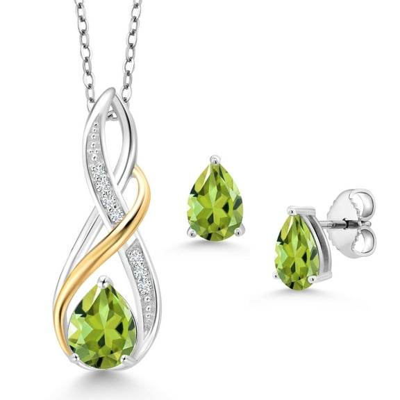 925 Sterling Silver and 10K Yellow Gold Pear Shape Green Peridot and White Lab Grown Diamond Pendant and Earrings Jewelry Set for Women (2.50 Cttw, Gemstone August Birthstone, with 18 inch Chain)