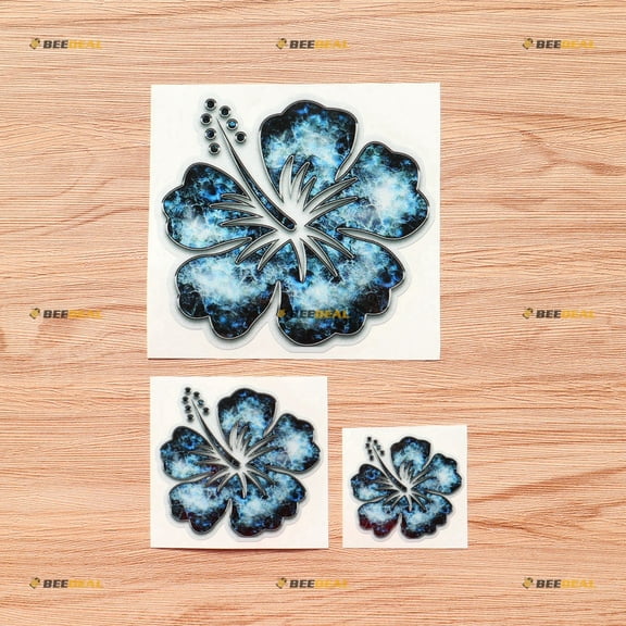 Hibiscus Flower Hawaii Hawaiian Vinyl Decal Sticker - 3 Pack Reflective, 2 Inches, 3 Inches, 5 Inches - Blue Jewelry Style for Car Laptop Cup