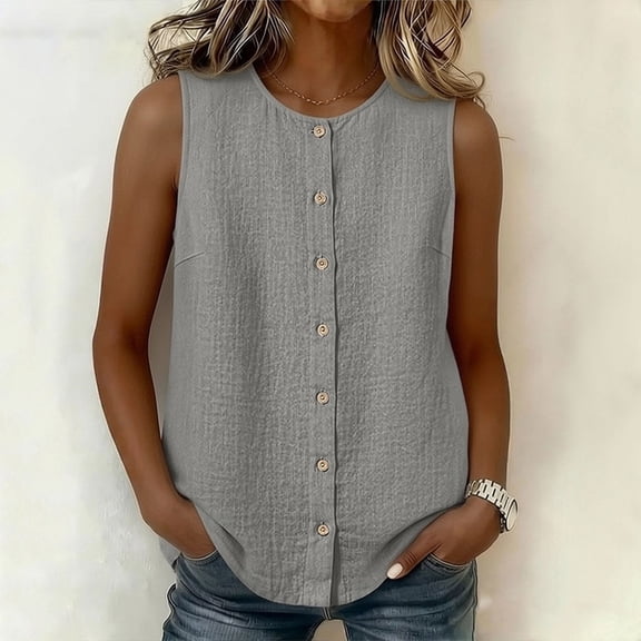Women Button Front Linen Sleeveless Tank Tops Loose Breathable Casual Crew Neck Daily Summer Blouse Vests Gray XXL