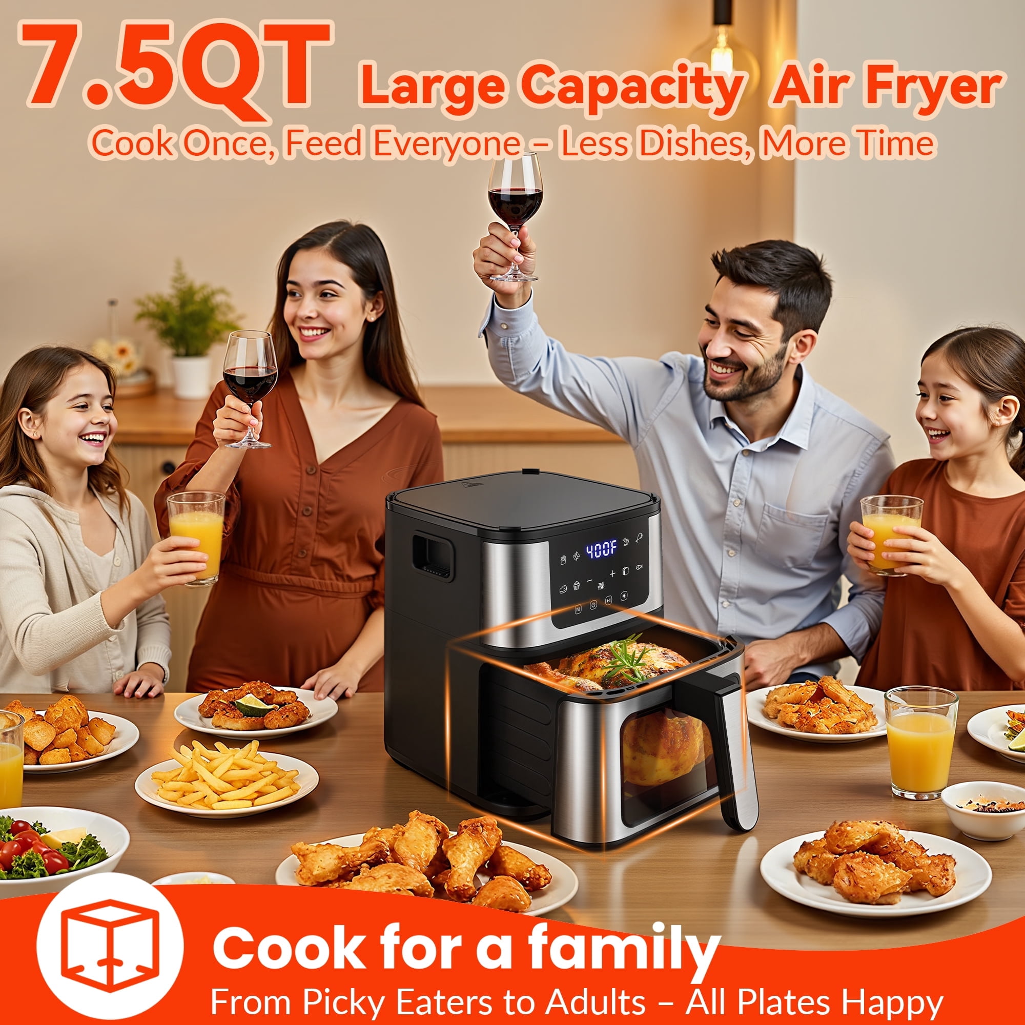 7.5 QT Visible Air Fryer Oven with Light & Baking Tray, 8-in-1 Oil-Free Digital Air Fryer, Nonstick Basket & 100 Liners, Easy Clean Family Kitchen Cooker