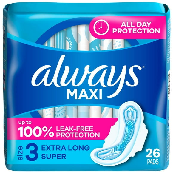 Always Maxi Feminine Pads with Wings for Women, Size 3, Extra Long Super Absorbency, Unscented, 26CT