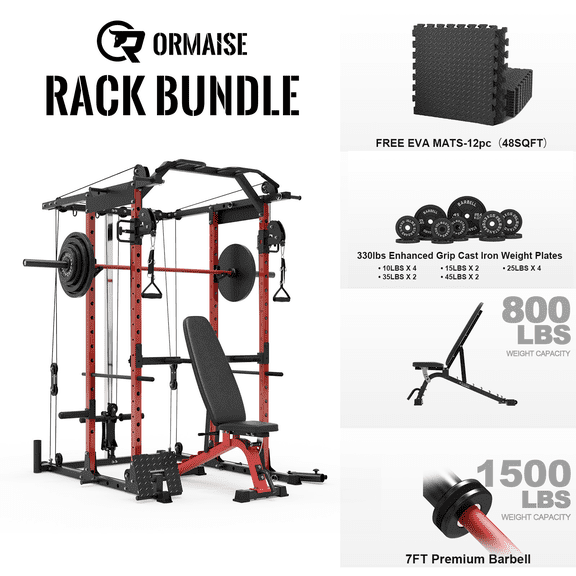 K7 Power Rack Cage, 1500LBS Weight Cage with 800LB Capacity Adjustable Weight Bench, 1500LB Capacity Barbell and 230LB Weight Plate set