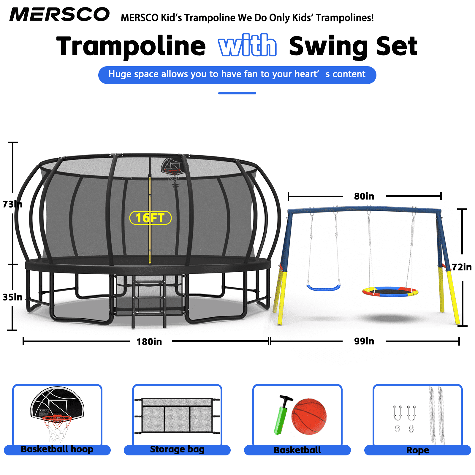 Mersco 16FT Heavy Duty  Outdoor Trampoline with Enclosure Net and Swing Set for Backyard,with Basketball Hoop, Kids Birthday and Festival Gifts,Black