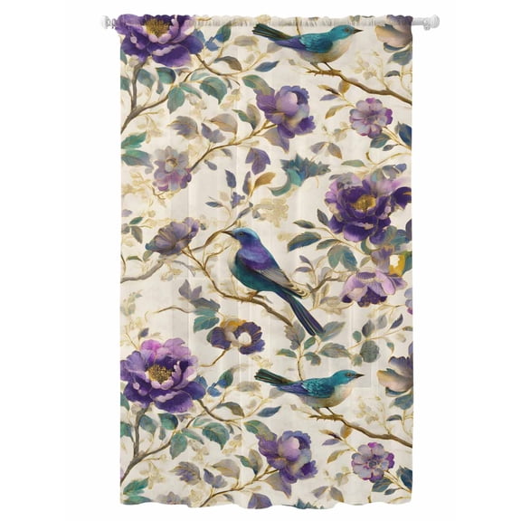 Sheer Curtains 96 Inches Long, Farmhouse Flowers Semi Sheer Curtains Light Filtering Window Treatment, Country Spring Floral Branches Birds Privacy Voile Drapes for Living Room Bedroom 52x96 Inch