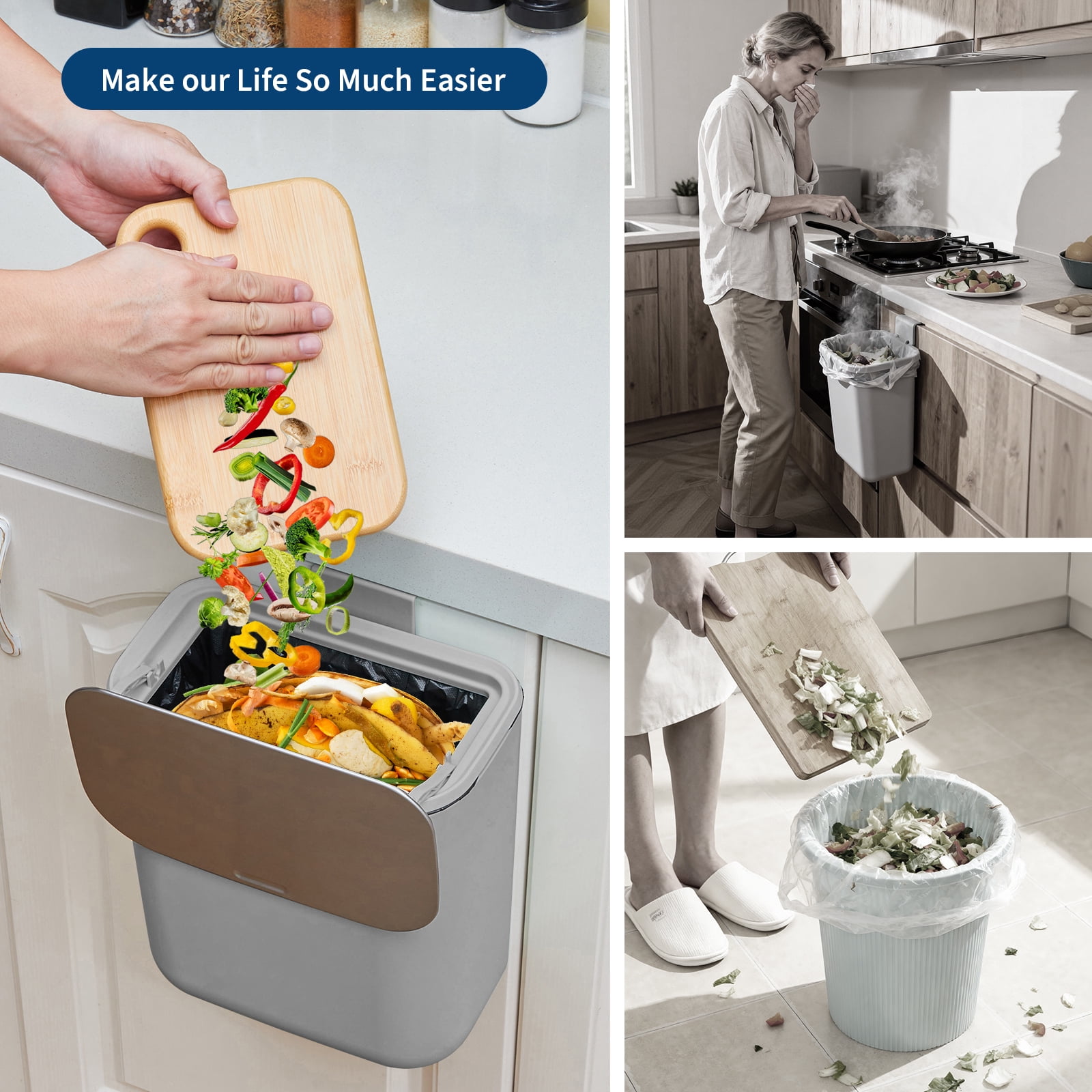 2.4 Gallon Kitchen Hanging Small Trash Can with Stainless Steel Lid, Odor-Free Compost Bin, Space-Saving Garbage Can for Cabinet, Under Sink, RV, Bathroom, Grey