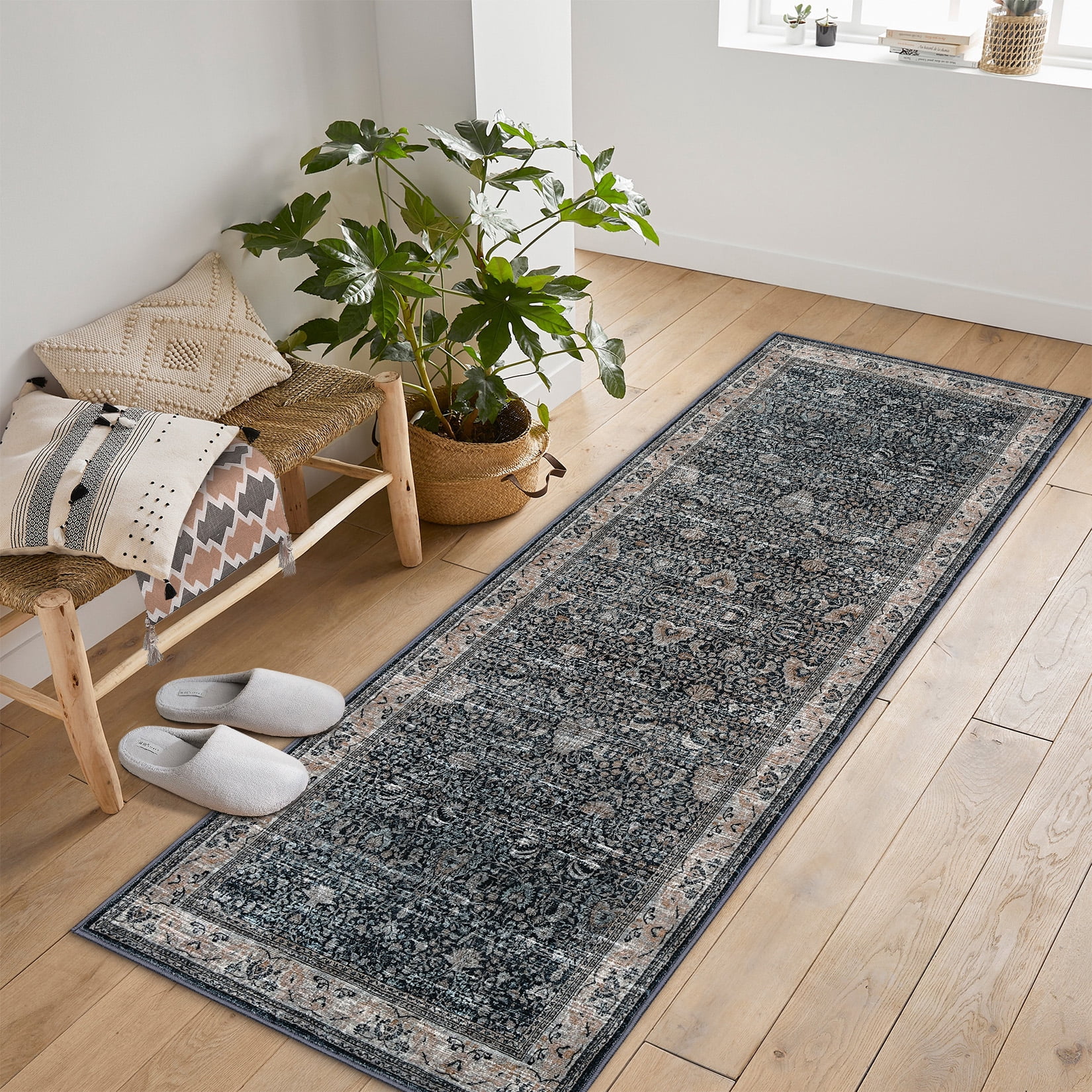 Washable Runner Rugs, Black 2'X6' Antique Distressed Long Rug, Modern Non Slip Stain Resistant Vintage Print Accent Carpet Floor Mat for Living Room Bedroom Dining Office Farmhouse Hallway Entryway