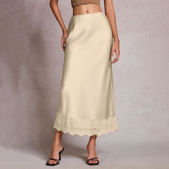 Skirts for Women Satin High Waist Solid Color Slip Long Silk Skirts Lace Patchwork Elegant Womens A Line Maxi Skirt Beige L