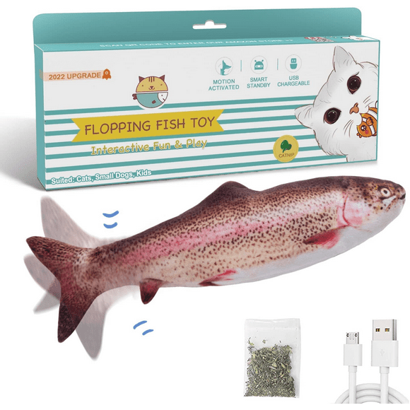 Flopping Fish 10.5", Upgraded for 2022, Moving Cat Kicker Toy, Floppy Fish Animal Toy for Small Dogs, Wiggle Fish Catnip Toys, Motion ,Rainbow Trout