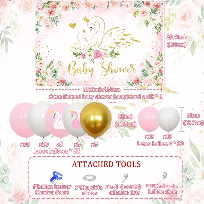 Swan Baby Shower Decorations Pink and Gold Swan Backdrop Balloon Garland Arch Kit Pink Swan Floral Decorations White Swan Baby Shower Decor for Baby Girls Baby Shower Party Supplies