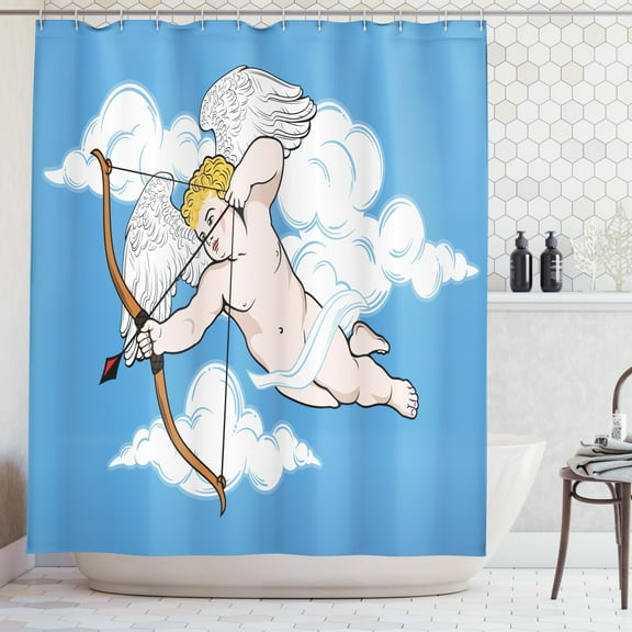 Ambesonne Wings Print Shower Curtain, Little Cupid with Arrow, 69"Wx75"L, Blue and White