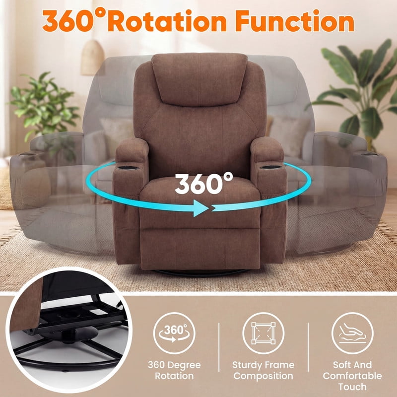 Vineego Massage Swivel Rocker Recliner with PU Leather Fabric Small Spaces Lounge Chair with Two Cup Holder for Bed Room,Linen Brown