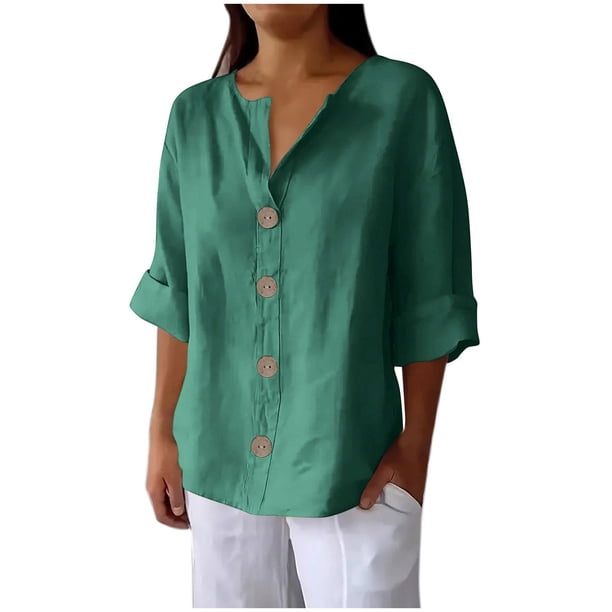 Vestidos Casuales Para Mujer, Blusas De Mujer De Moda Blusa de lino con cuello en V, manga 3/4 y botones, suelta, de color liso, para mujer