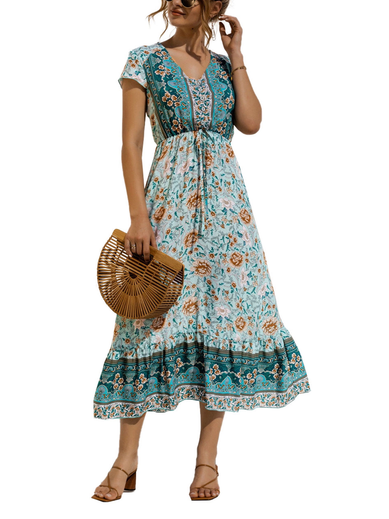 Women Bohemian Maxi Dress V-Neck Summer ...