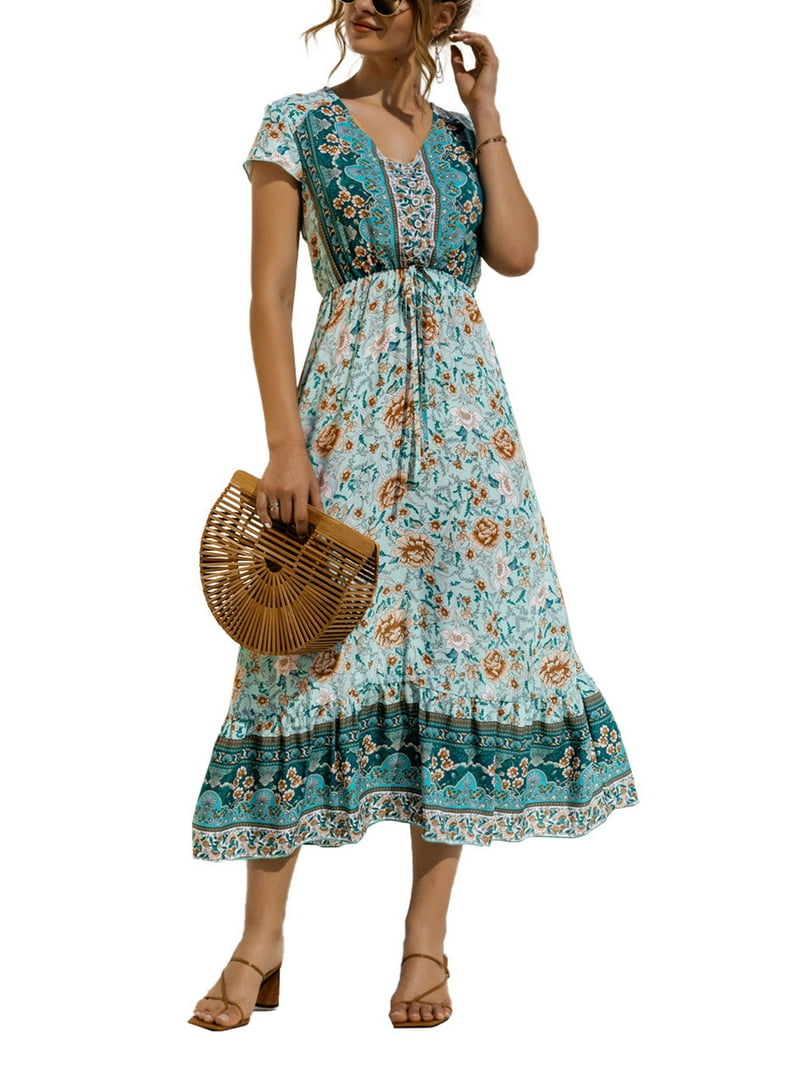 Women Bohemian Maxi Dress V-Neck Summer Casual Dresses Empire Waist  Sundress - Walmart.com