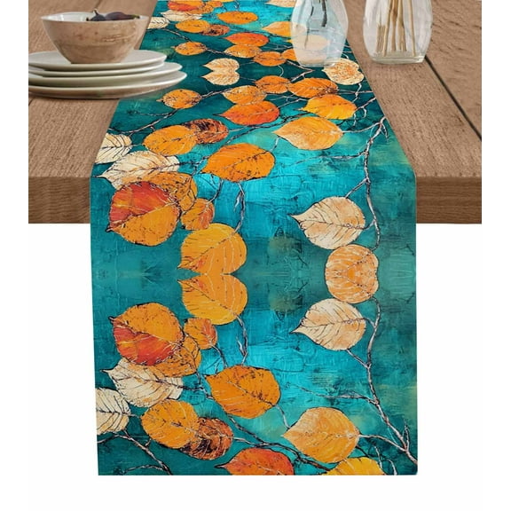 Orange Leaf Table Runner 60 Inches, Abstract Oil Painting Branch Turquoise Bed Runner Dresser Scarves Tabletop for Indoor Outdoor Parties/Ceremony/Banquet, 13" x 60"