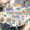 thumbnail image 4 of Children's Day Round Tablecloth 45-54 Inch Round Fitted Table Cloth with Elastic Edge, Airplanes Sailing Boats Tree Cartoon Cream Waterproof Table Cover Protector for Outdoor Picnic Party Dining, 4 of 9