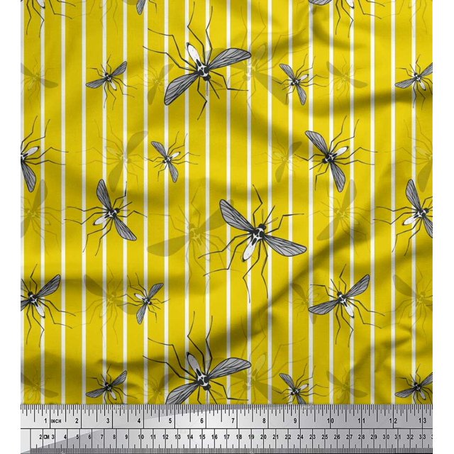 Soimoi Yellow Velvet Fabric Stripe & Mosquito Insects Print Fabric by the Yard 58 Inch Wide
