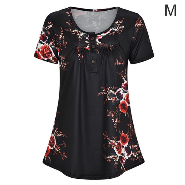 Camiseta estampada Mujer Verano Cuello redondo Blusa de manga corta Top suelto, Negro, M Methold AP001352-02